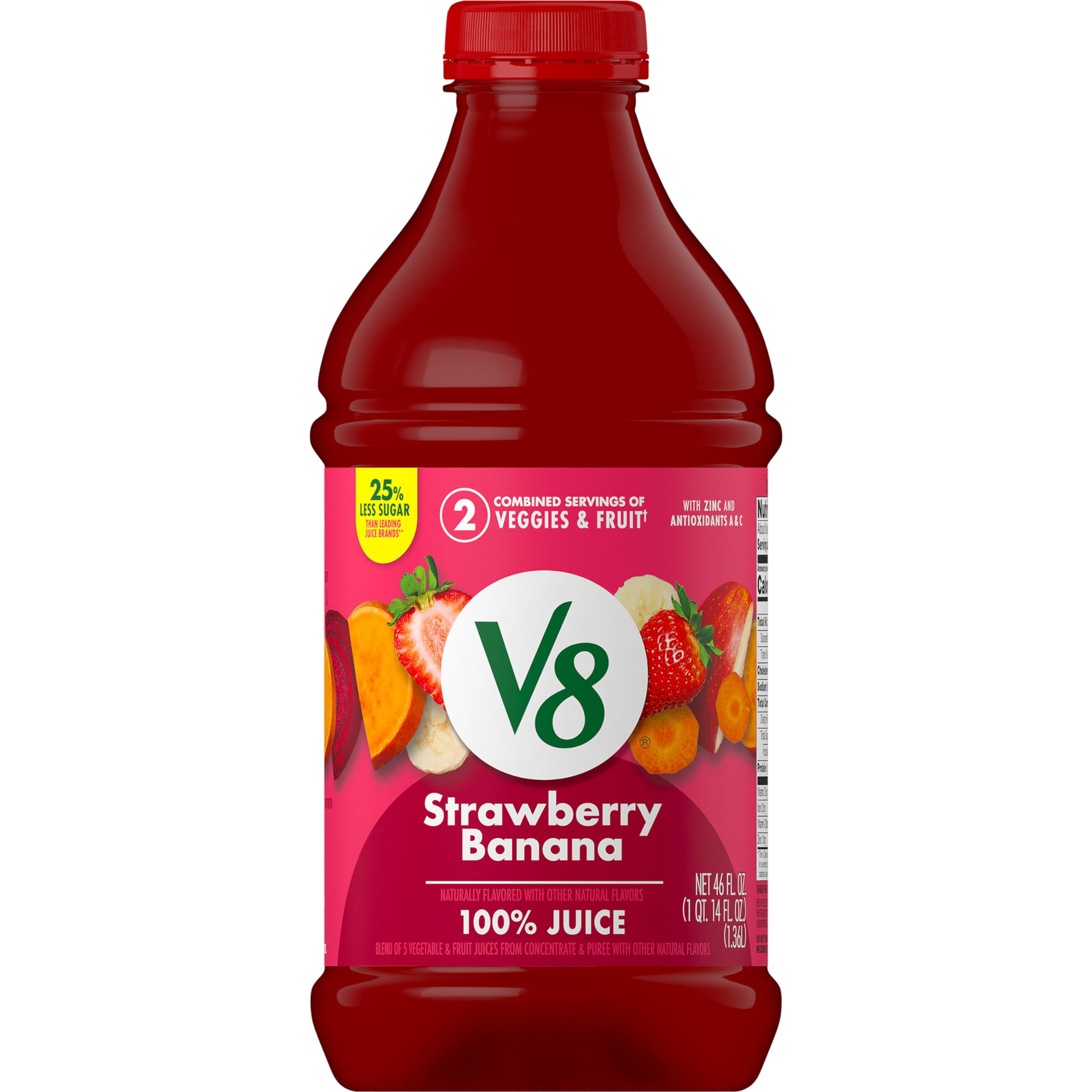 V8 Strawberry Banana bottle 46 oz viewed, offering a convenient plant-based boost for mornings