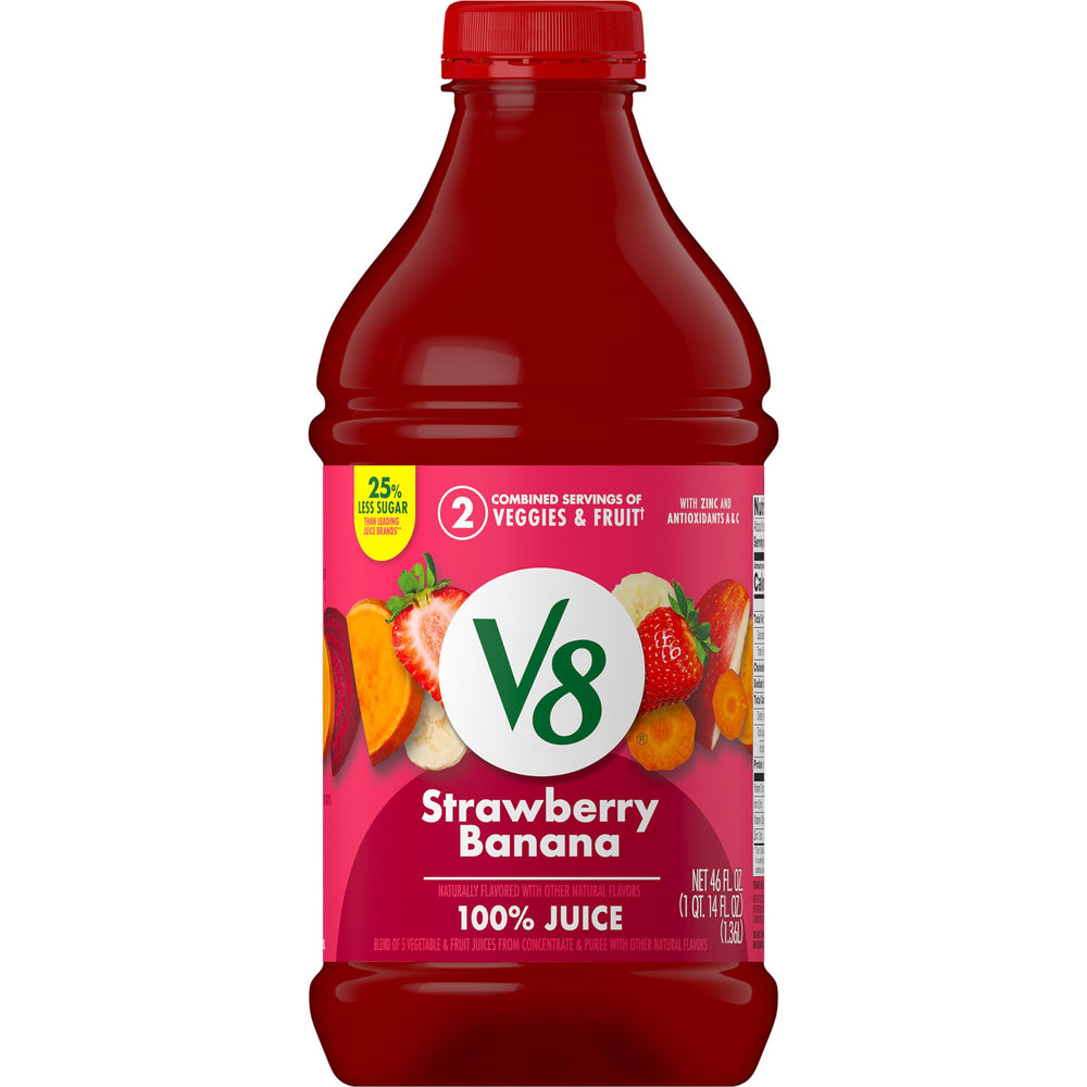 V8 Strawberry Banana bottle 46 oz viewed, offering a convenient plant-based boost for mornings