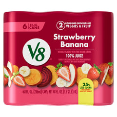 V8 Strawberry Banana juice can featuring bright fruit blend, great for breakfast