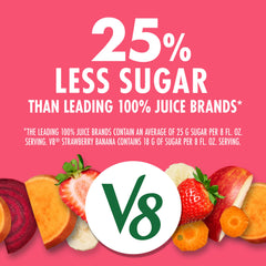 V8 strawberry banana juice on counter, ideal snack or quick refresh