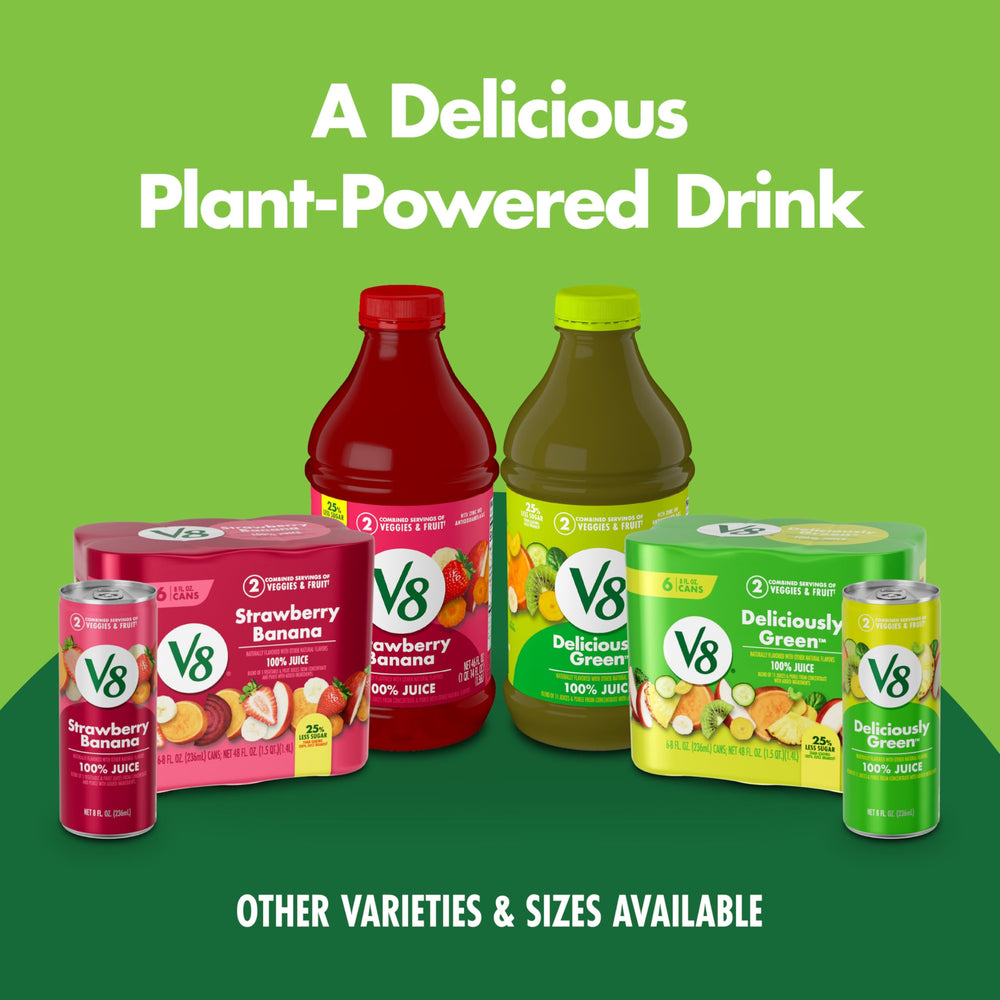 V8 8 oz can shown as a portable on-the-go size