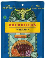 Vacadillos Carne Seca air-dried beef bag with bold Carne Asada flavor for on-the-go snacking.