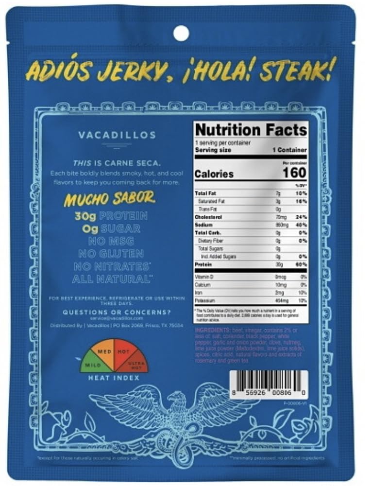 Vacadillos Carne Seca sliced beef on board showing tender texture and ready-to-eat appeal.