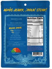 Vacadillos Carne Seca sliced beef on board showing tender texture and ready-to-eat appeal.