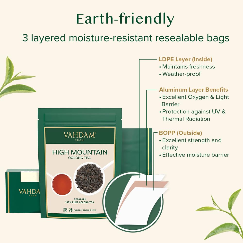 VAHDAM carbon-neutral and plastic-neutral logo conveys the brand's commitment to planet-friendly tea.