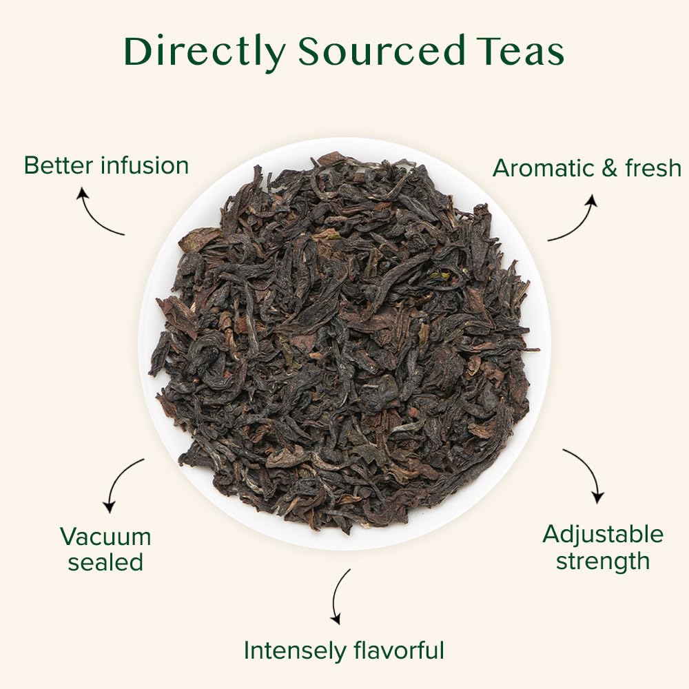 VAHDAM loose tea closeup highlights delicate leaves and floral-fruity notes ready for brewing.