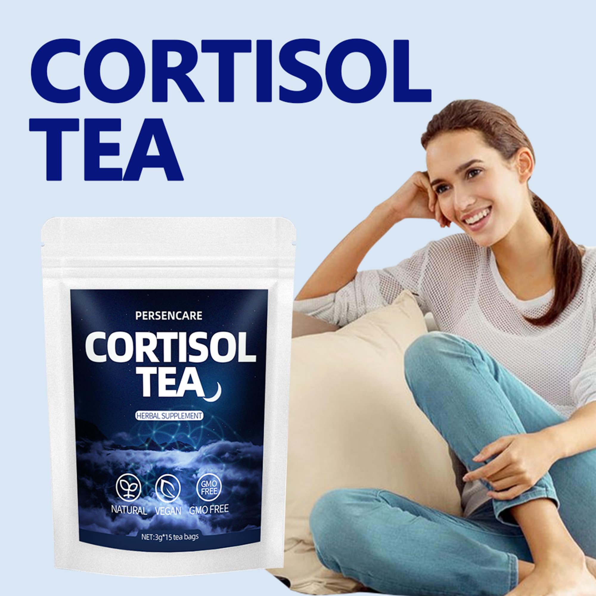VAEYAE Cortisol Tea bags close-up showing herbal blend for calm moments.
