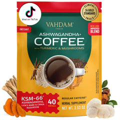 VAHDAM Ashwagandha Coffee with Turmeric cup scene showing smooth energy and calm focus