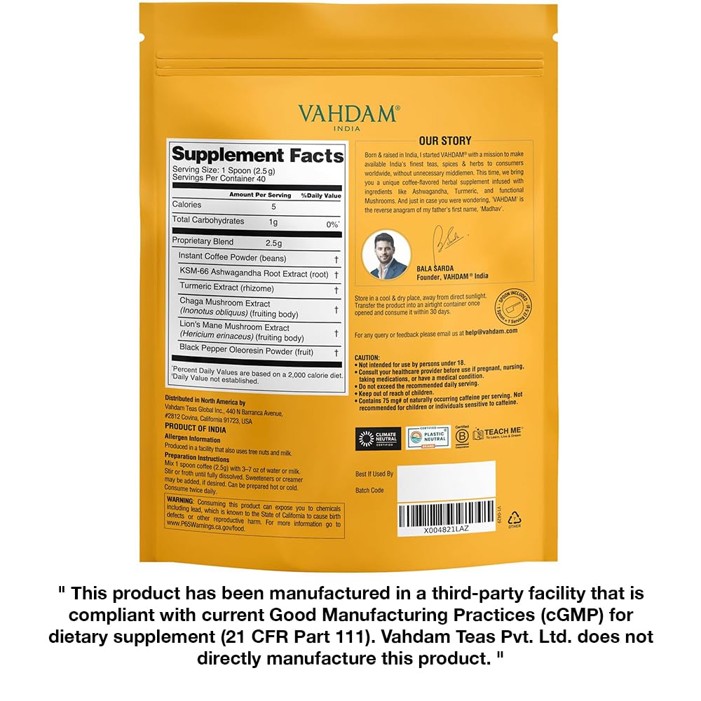 VAHDAM Ashwagandha Coffee bag with turmeric and lion’s mane promoting balanced mood
