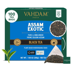VAHDAM Assam Exotic Black Tea Bags 100-count packaging showing bold flavor