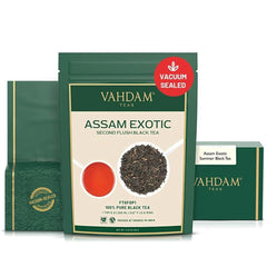 VAHDAM Assam Exotic Second Flush tea leaves with golden tips for a rich, aromatic brew.