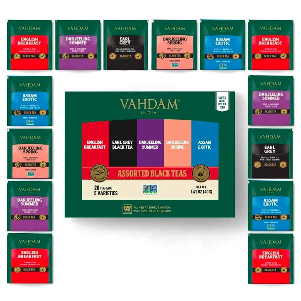 VAHDAM assorted black tea sampler box highlights five flavors for tasting.