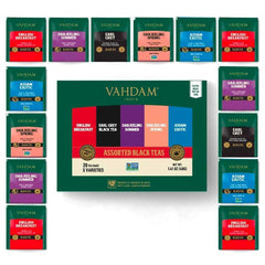 VAHDAM assorted black tea sampler box highlights five flavors for tasting.
