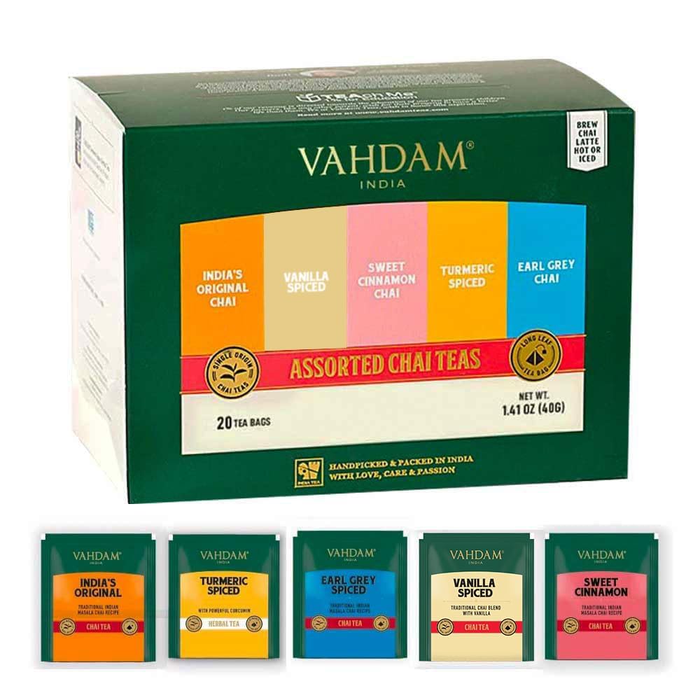 VAHDAM Assorted Chai Sampler packaging, a premium gift option.