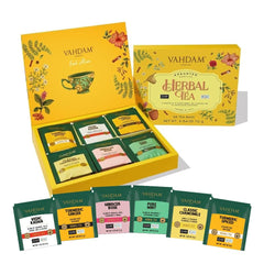 VAHDAM Assorted Herbal Tea Packaging displays six flavors, ideal for gifting and tasting.