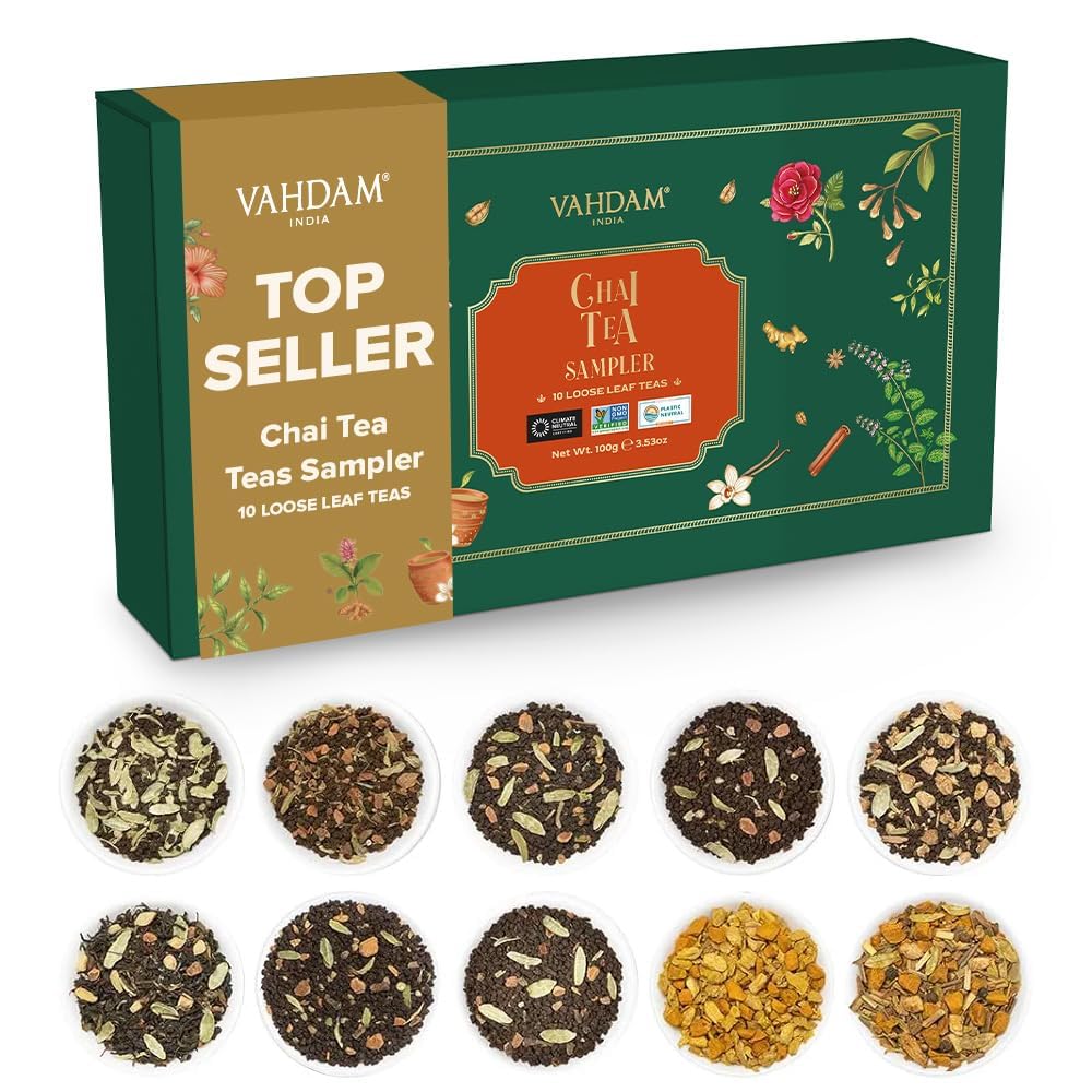 VAHDAM assorted loose-leaf chai sampler on display for home brewing explorations