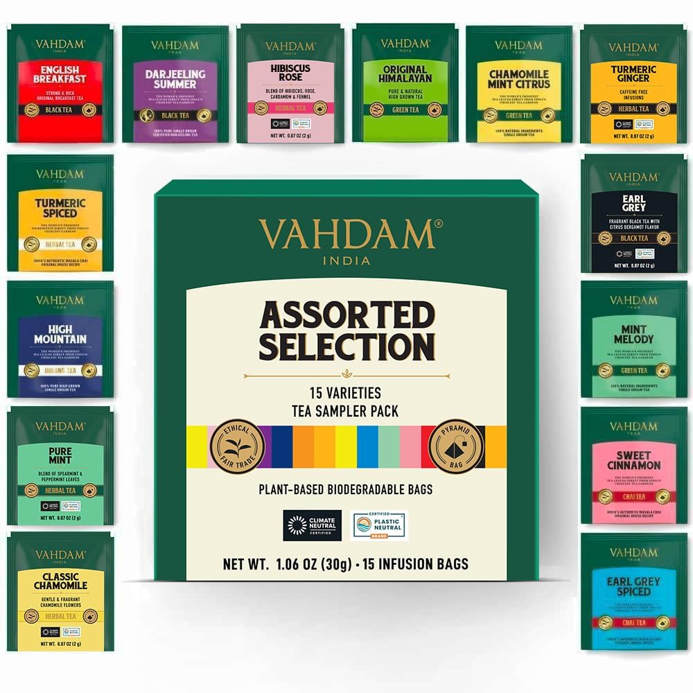 VAHDAM Assorted Tea Sampler with 15 varieties for diverse tasting sessions.