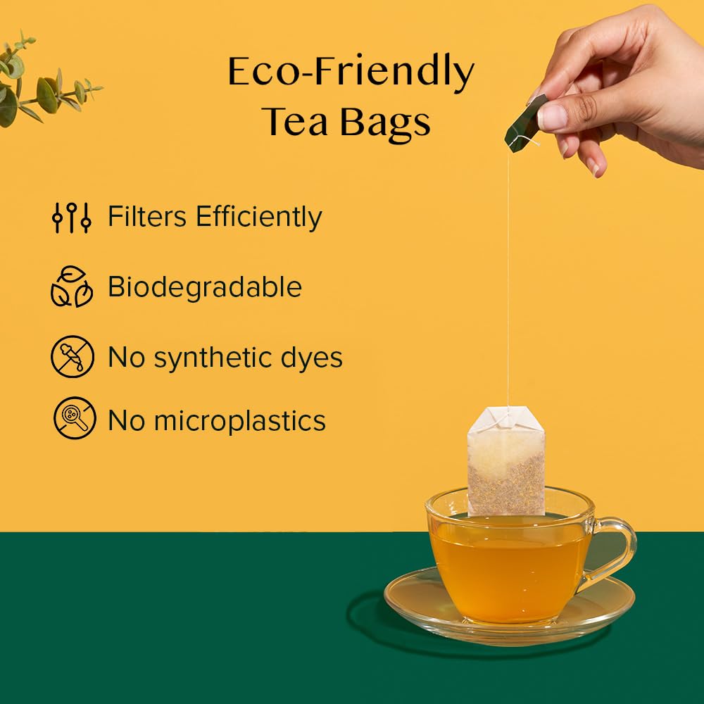 VAHDAM biodegradable pyramid tea bags preserve freshness.
