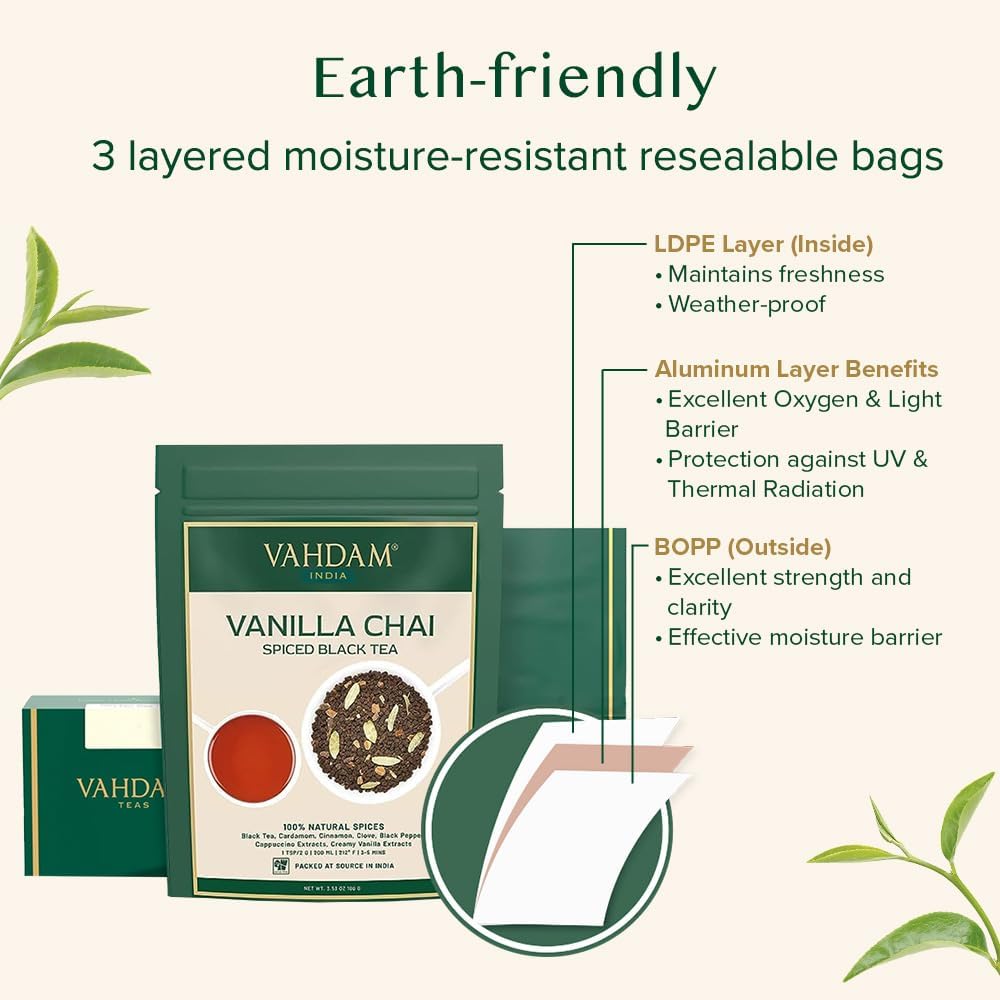 VAHDAM brew guide showing 2g per 200ml for perfect cup