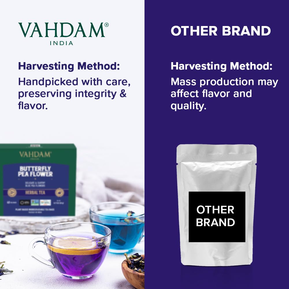 VAHDAM brewed iced tea pour showing vibrant blue hue
