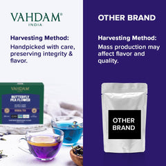 VAHDAM brewed iced tea pour showing vibrant blue hue