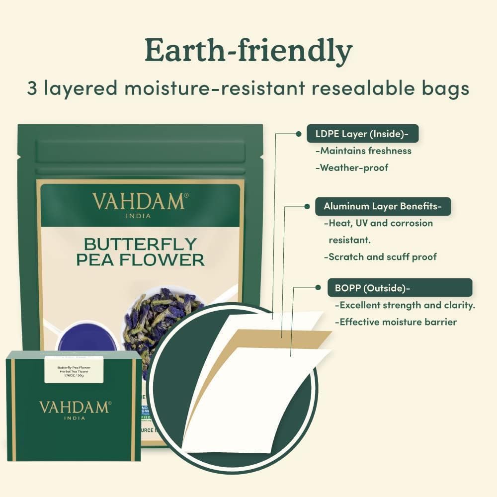 VAHDAM Butterfly Blue Pea Tea promotes natural color for smoothies and lattes.