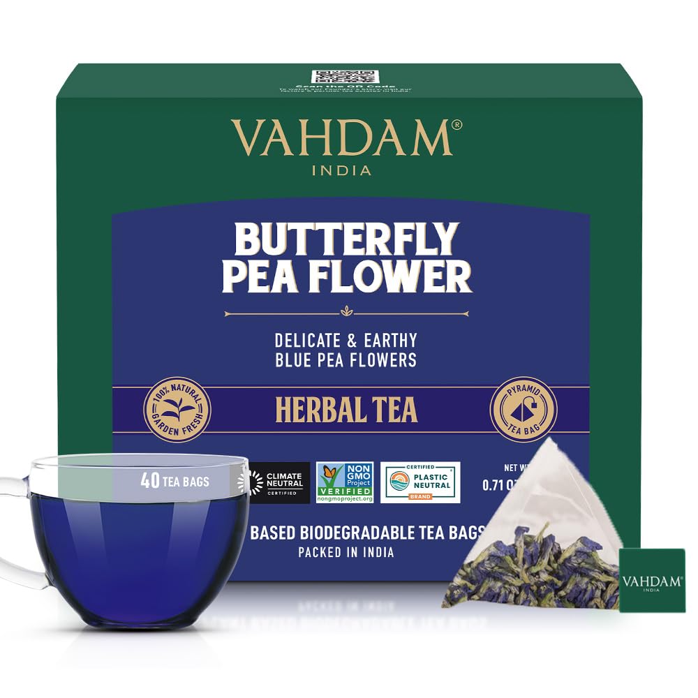 VAHDAM butterfly pea tea bags front view showing pyramid sachets for full flavor release