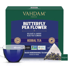 VAHDAM butterfly pea tea bags front view showing pyramid sachets for full flavor release
