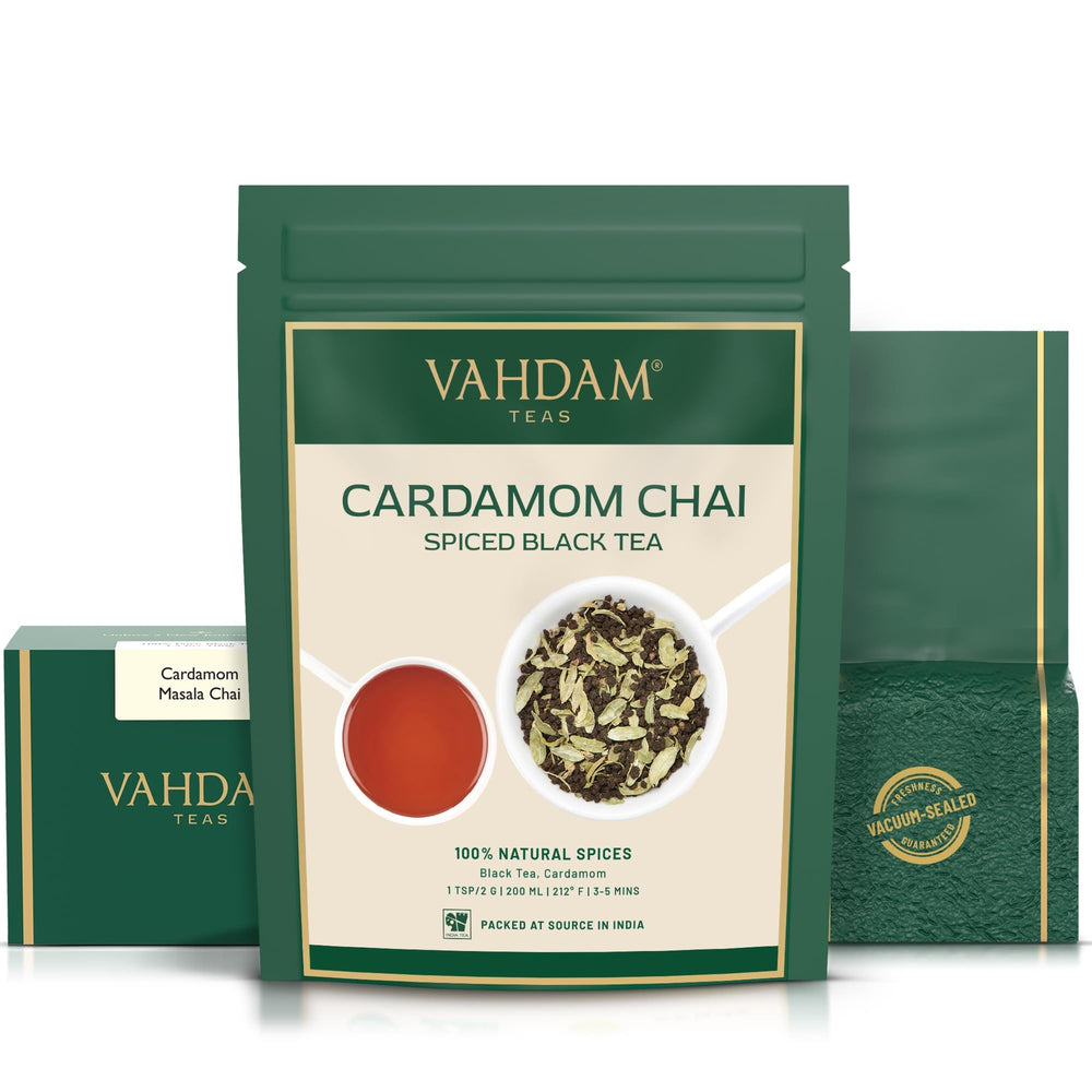 VAHDAM Cardamom Chai cup setup for convenient tea ritual.