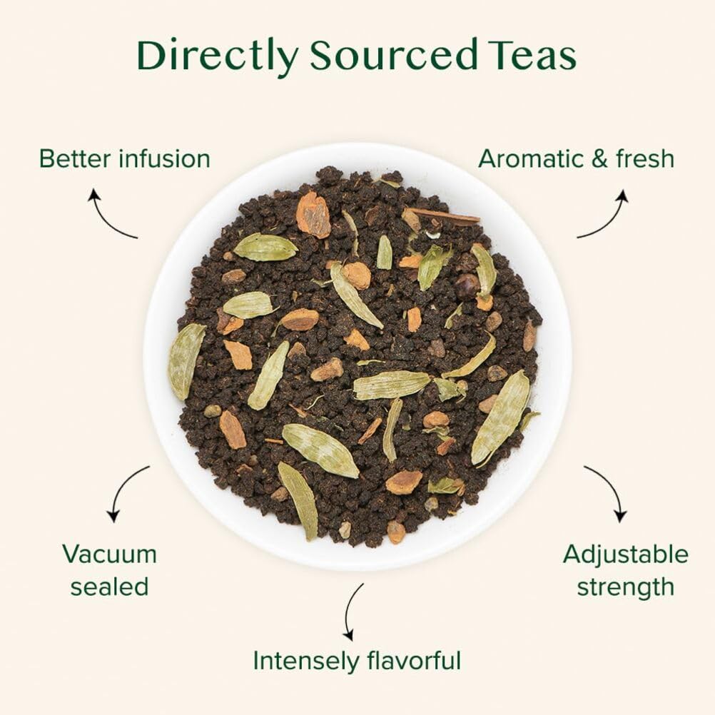 VAHDAM Masala Chai with cardamom and cinnamon aromatics provide warming notes.