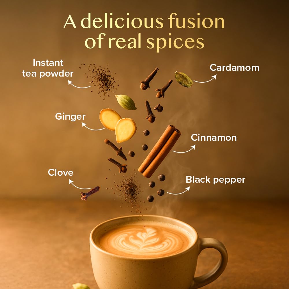 VAHDAM Chai Latte cup with steam highlighting creamy texture and warm fragrance