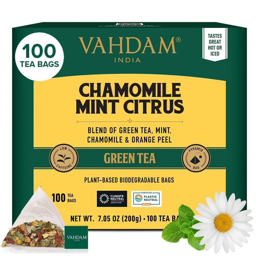 VAHDAM chamomile mint citrus green tea bags in a resealable pouch for freshness