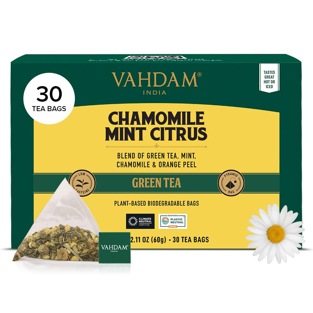 VAHDAM Chamomile Mint Citrus tea bags offering a fragrant citrus-floral aroma for relaxing evenings.
