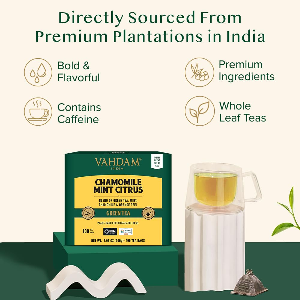 Brewing VAHDAM chamomile mint citrus tea with citrus and floral notes for evening ease