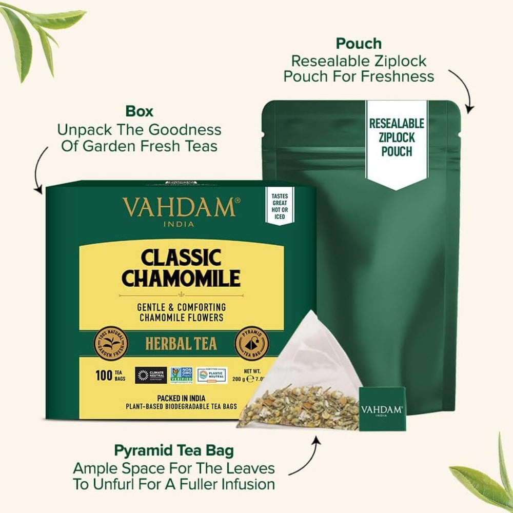 VAHDAM chamomile tea cup steaming with fragrant aroma in a cozy setting.