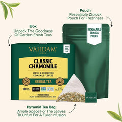 VAHDAM chamomile tea cup steaming with fragrant aroma in a cozy setting.