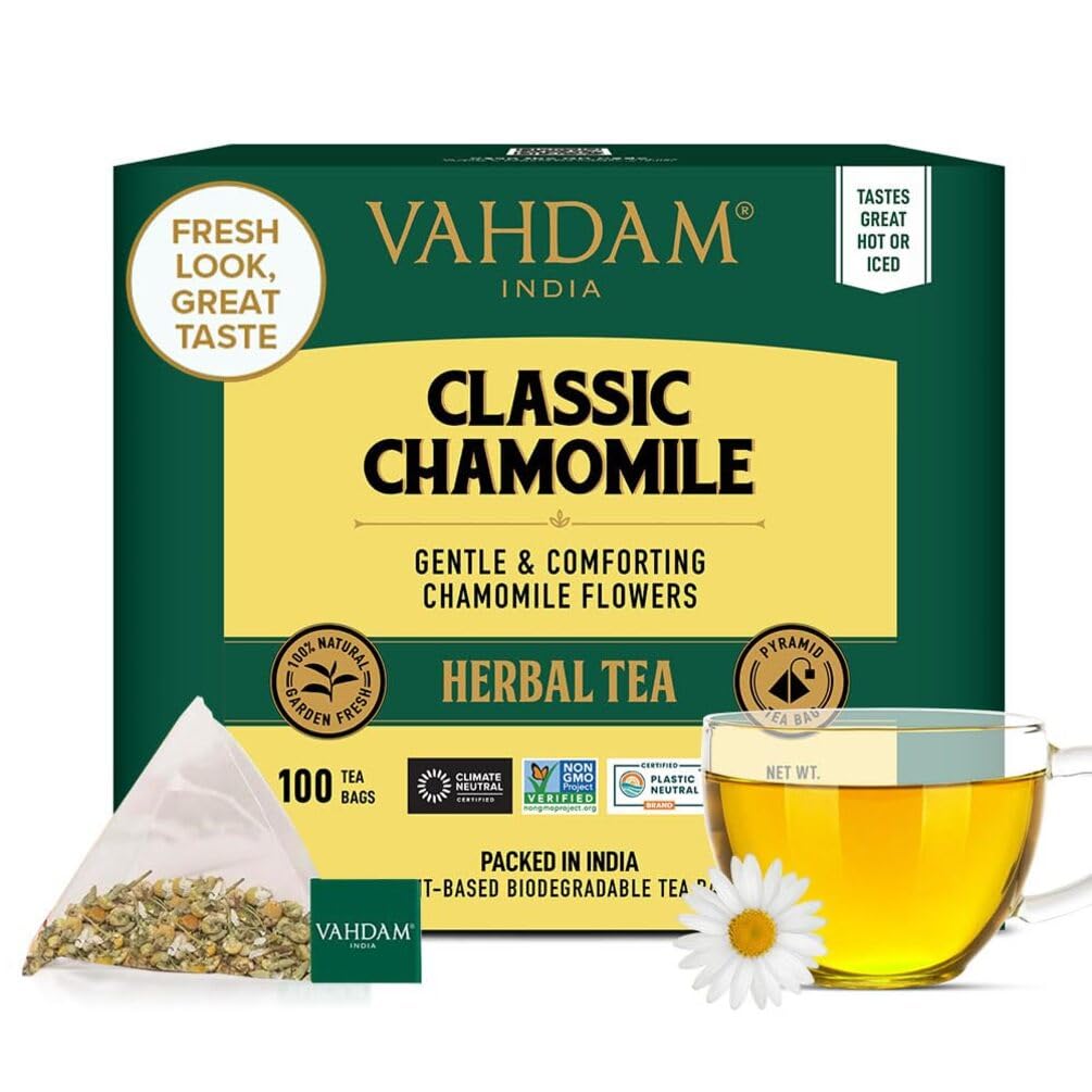 VAHDAM chamomile pyramid bags close-up showing a sweet, soothing aroma.