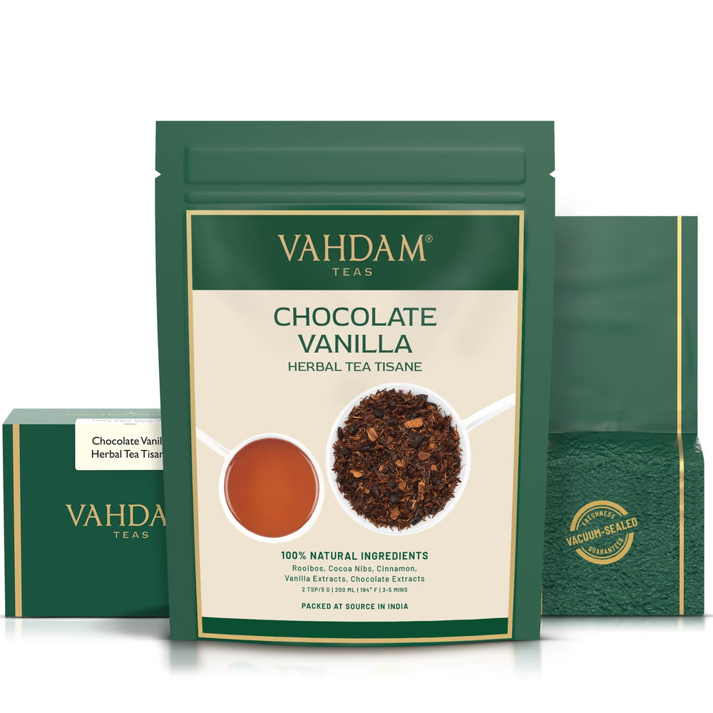 VAHDAM Chocolate Vanilla Herbal Tea is carbon-neutral and plastic-neutral