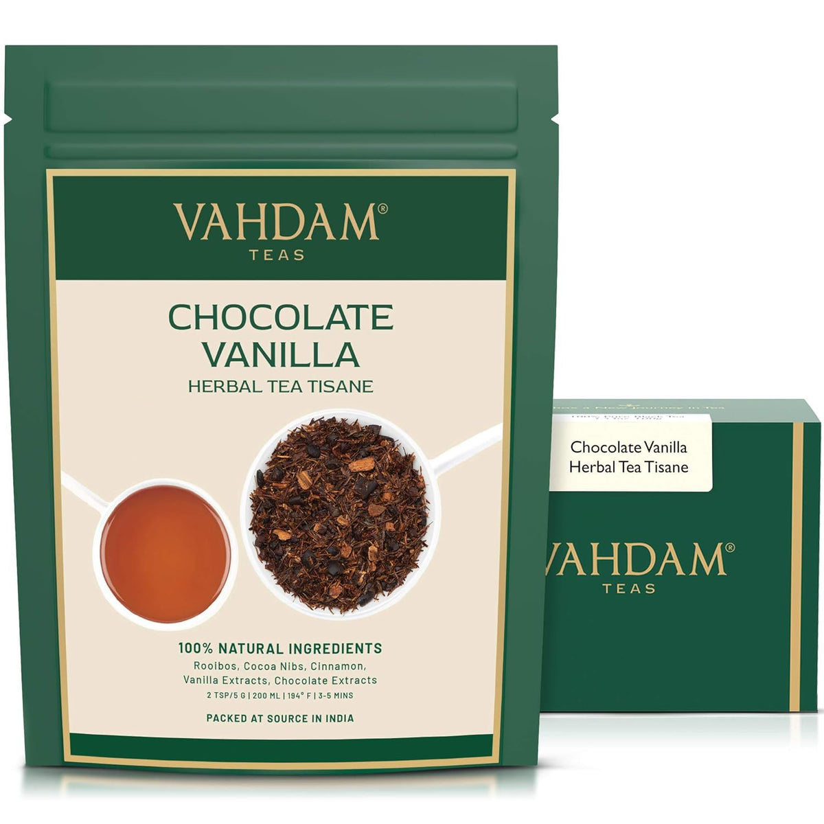 VAHDAM Chocolate Vanilla Herbal Tea packaging preserves freshness
