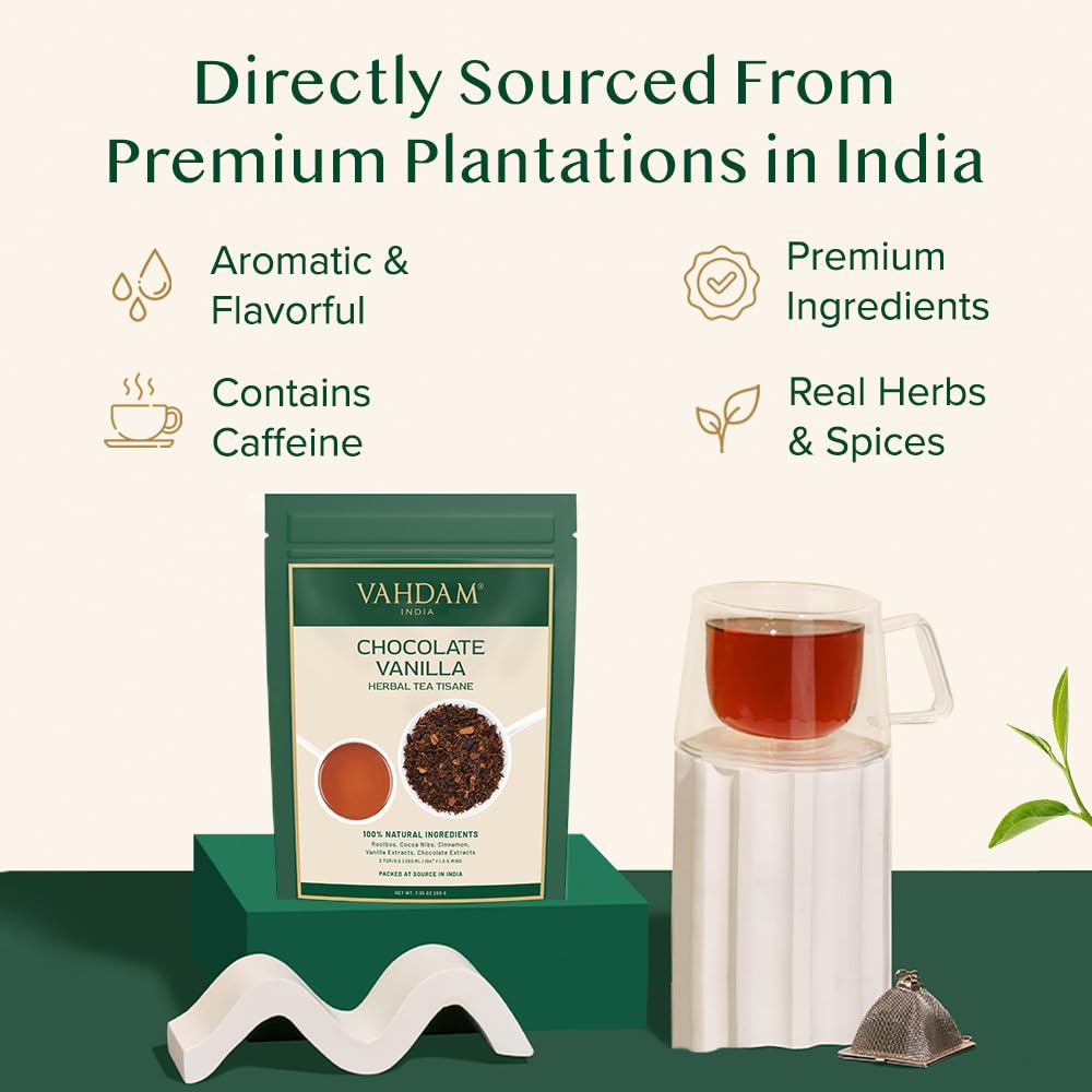 VAHDAM Chocolate Vanilla Herbal Tea vacuum-sealed bag ensuring lasting freshness