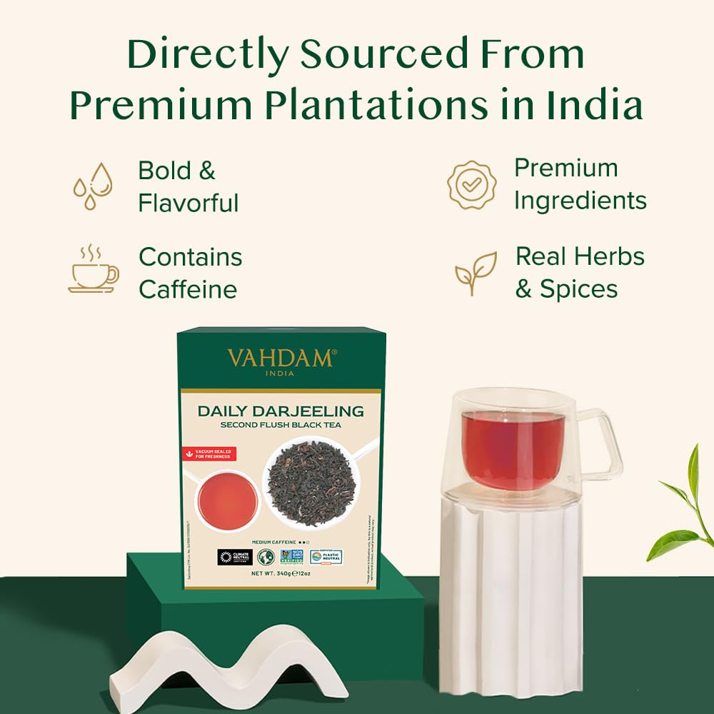 VAHDAM Darjeeling on kitchen counter ideal for afternoon tea.