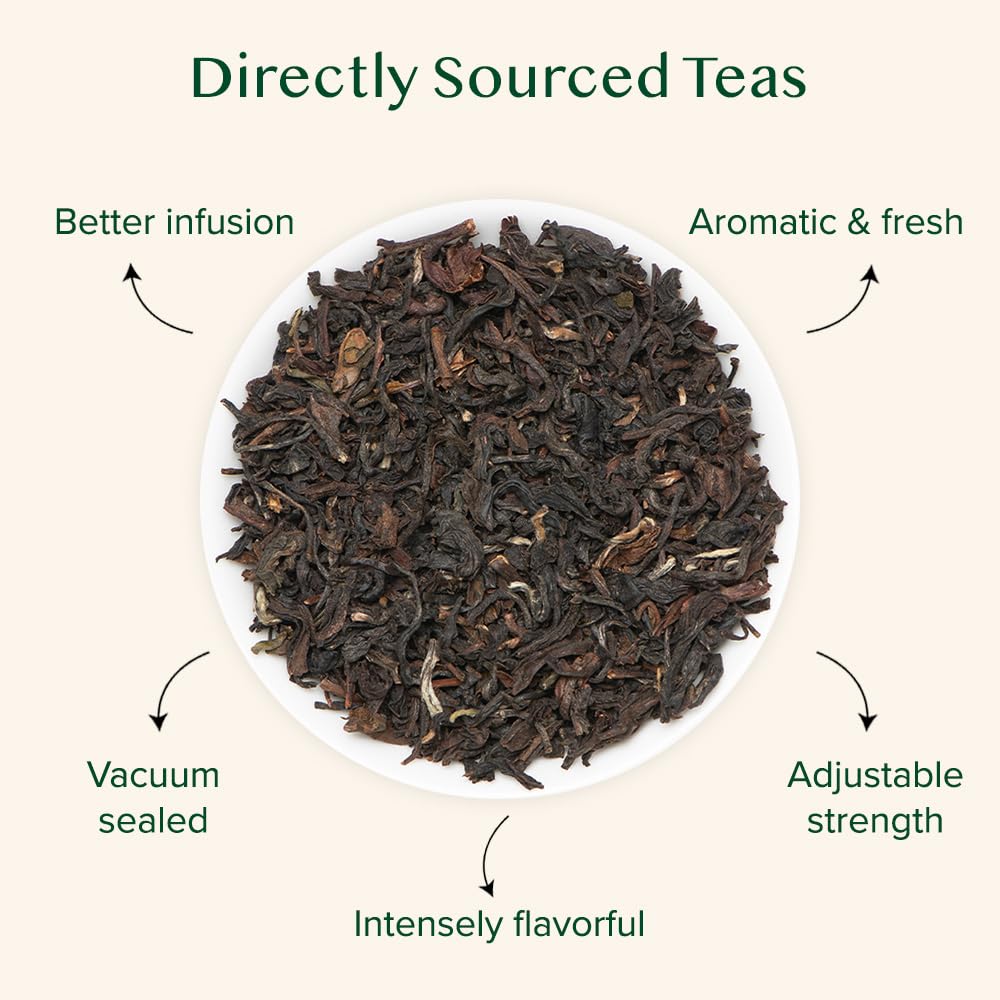 VAHDAM Darjeeling loose leaf ready for brewing a fragrant cup.