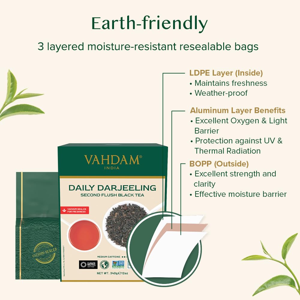VAHDAM Darjeeling offers a medium caffeine profile for any time.