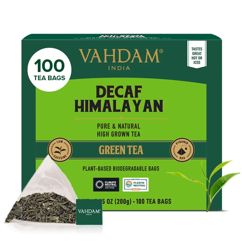 VAHDAM decaf Himalayan green tea bag releasing caffeine-free aroma