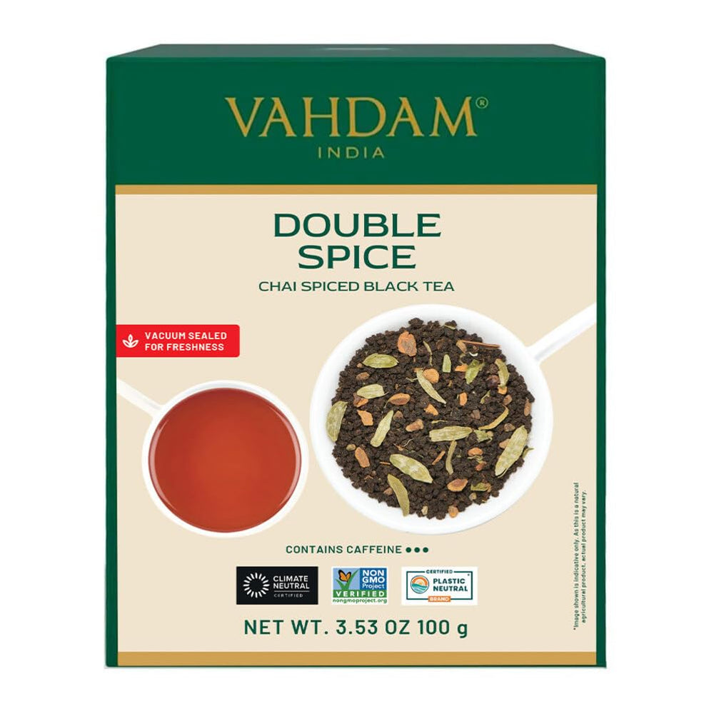 VAHDAM Double Spice Masala Chai loose leaf offers bold aroma and full-bodied flavor.