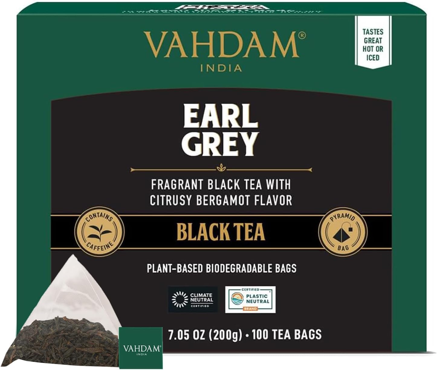VAHDAM Earl Grey tea bags showing bergamot notes for a citrusy lift in a mid-caffeine cup