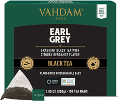 VAHDAM Earl Grey tea bags showing bergamot notes for a citrusy lift in a mid-caffeine cup