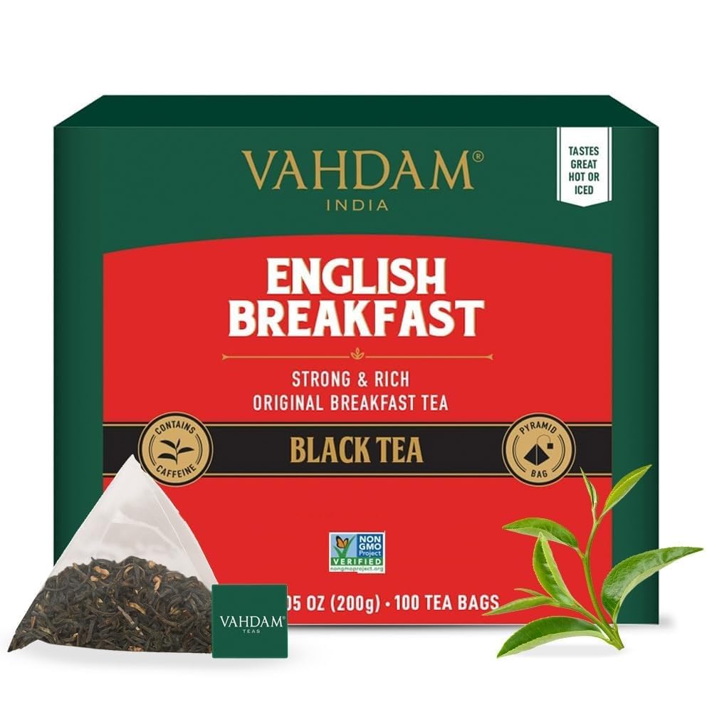 VAHDAM English Breakfast tea bags with pyramid design for fuller infusion and flavor.