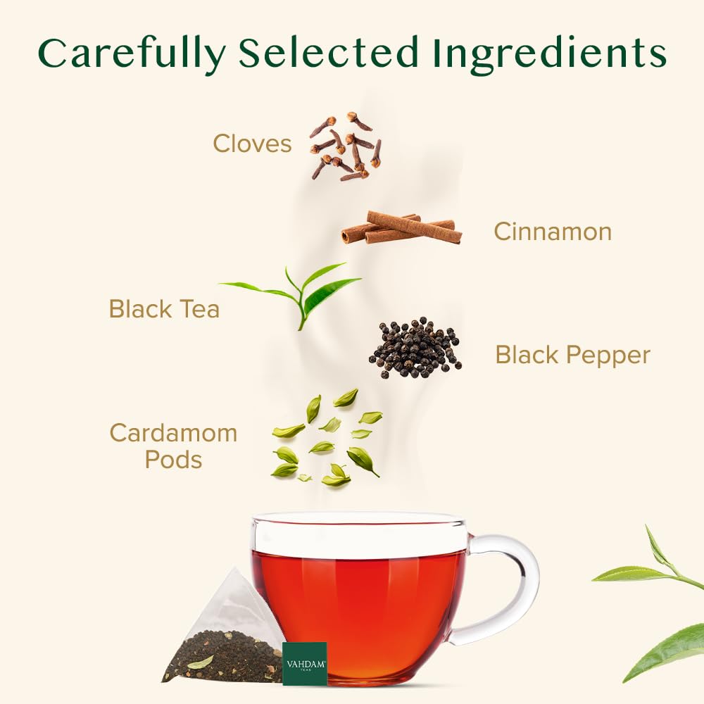 VAHDAM Exotic Spice blend highlights black tea with cardamom, cinnamon, and clove.