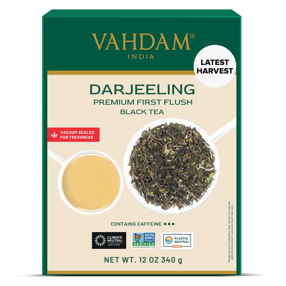 VAHDAM First Flush Darjeeling tea packaging preserves freshness and aroma.